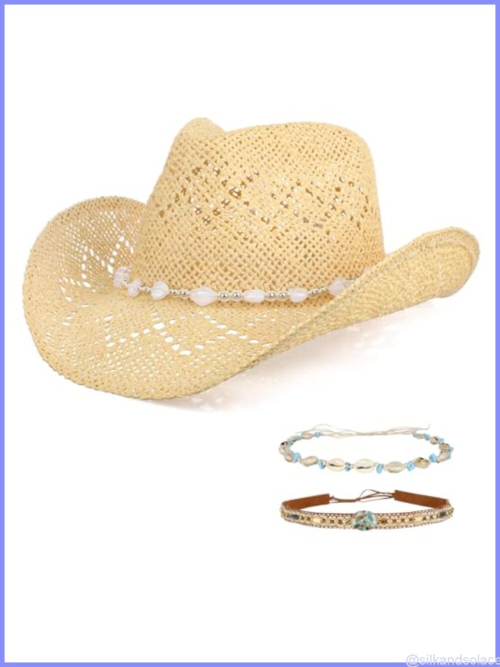 Straw Cowboy Hat Western Wide Brim Sun Hat with 3 Decorative Bands